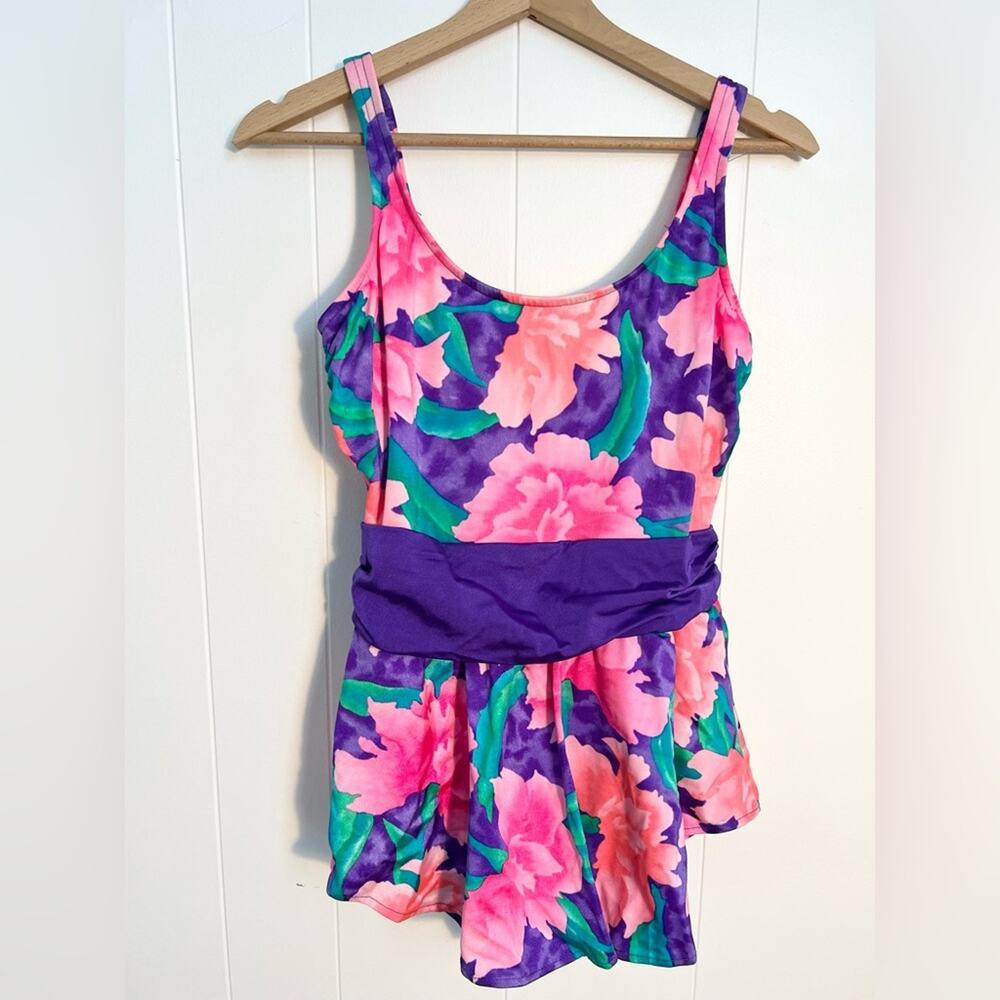 Vintage floral bathing suit one piece skirt union made farm rio barbiecore